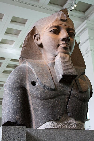 Colossal head of the Younger Memnon (Ramesses II), red granite and granodiorite, British Museum, item EA19, gift of Henry Salt and Johann Ludwig Burckhardt, 1817 (Wikimedia commons)