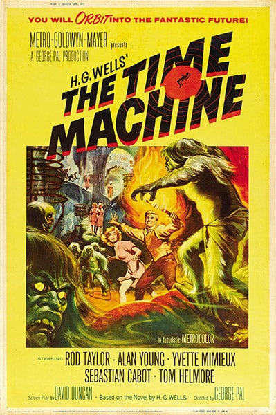 A movie poster for The Time Machine, 1960, in which the time-sled is shockingly absent (Wikimedia commons)