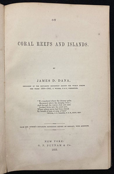 Title page, On Coral Reefs and Islands, by James Dwight Dana, 1853 (Linda Hall Library)