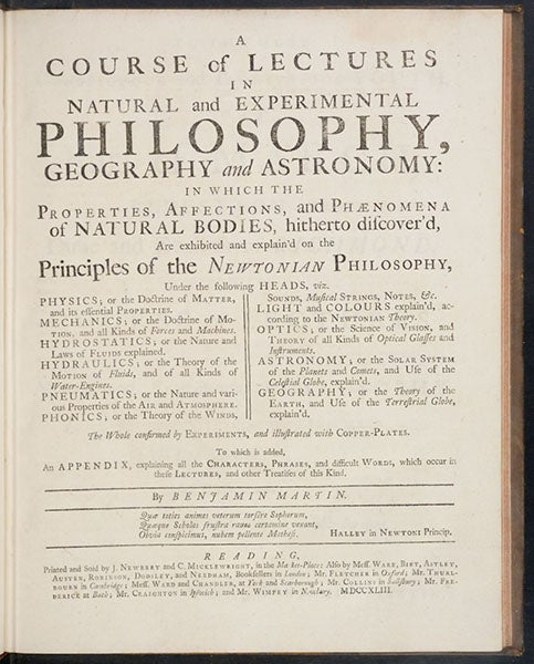 Title page, A Course of Lectures in Natural and Experimental Philosophy, by Benjamin Martin, 1743 (Linda Hall Library)
