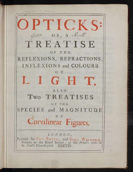 Title page, Isaac Newton, Opticks, 1704 (Linda Hall Library)