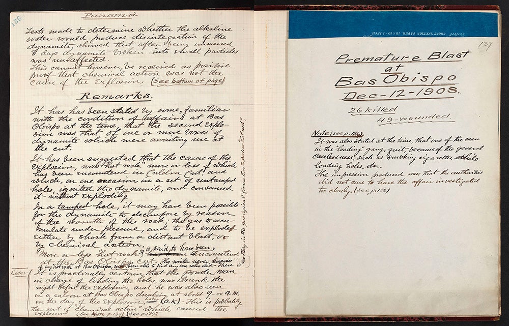A.B. Nichols comments on the cause of the Bas Obispo blast.
A.B. Nichols disagreed with the official findings that acidic water caused the blast, citing a report that said the water at Bas Obispo was alkaline. Nichols agreed with the chemical reaction theory, but suggests, perhaps jokingly, that the powder man’s drinking the night before and earlier in the day might have been the “chemical action” that caused the explosion. 