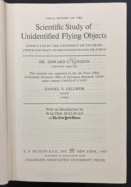 Titlepage, Final Report of the Scientific Study of Unidentified Flying Objects, by Edward Condon, 1969 edition (Linda Hall Library)
