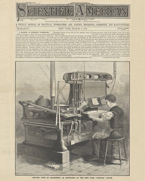 Front page of <i>Scientific American</i>, Mar. 9, 1889, showing Linotype machine in use at the New York Tribune (skyscraper.org)