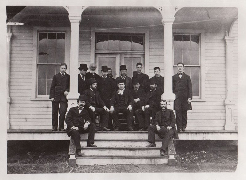 Thomas Edison and lab employees gathered on the front porch of one of the Menlo Park Lab buildings, photograph, late 1870s, National Park Service (npgalleru.nps.gov)