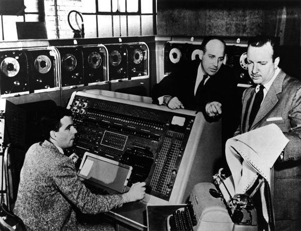 J. Presper Eckert showing Walter Cronkite the output from the new UNIVAC computer, photograph, ca 1950, Computer History Museum (computerhistory.org)
