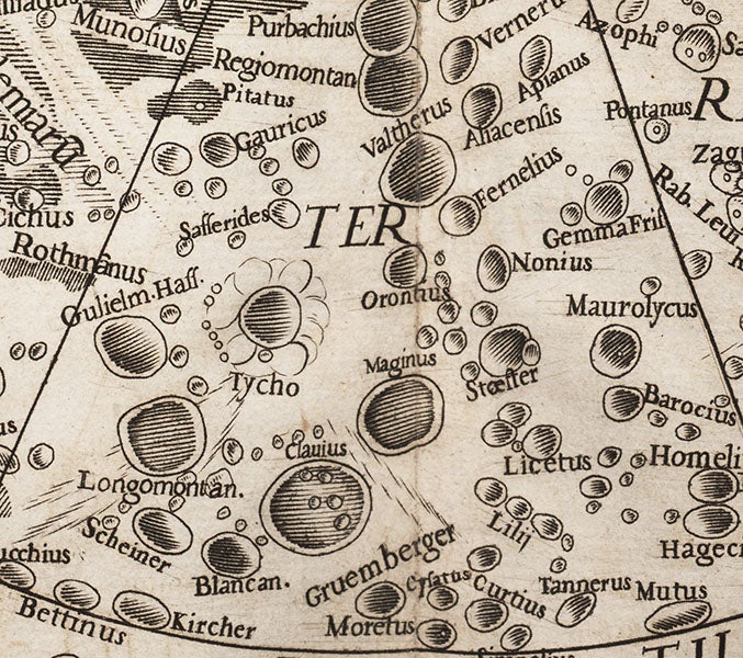 The lunar crater Tycho, with craters to the south all named after Jesuit scientist, detail of second image (Linda Hall Library)