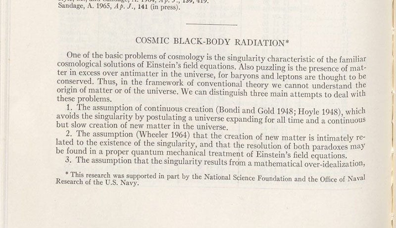 First page of paper by Robert Dicke et al., predicting a residual cosmic background radiation with a temperature of 3.5° K, Astrophysical Journal, vol. 142, 1965 (Linda Hall Library)