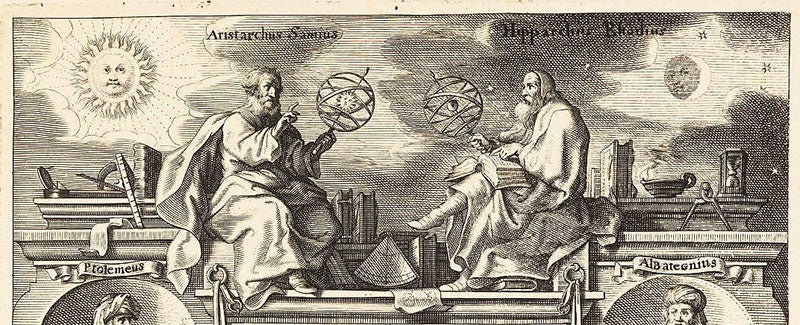 Aristarchus with sun-centered armillary sphere, admonishing the geocenic astronomer Hipparchus, detail of engraved title page, Tabulae motuum coelestium, by Philippe van Lansbege, 1632 (Linda Hall Library)