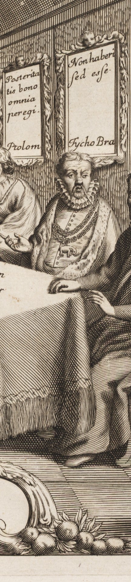 Tycho Brahe, with his famous nose and mustache, under a motto that he had outside his library at Uraniborg: Non haberi sed esse [Not to seem but to be].