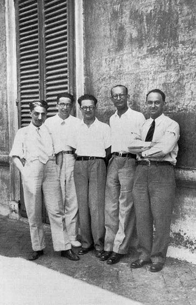 Enrico Fermi (far right) and his collaborators in Rome, including Emilio Segrè, second from left <br>(Wikimedia Commons)