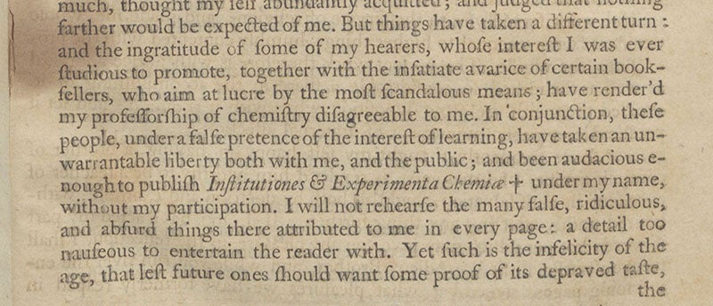 Detail of first page of “The Author to the Reader,” where Boerhaave laments the unauthorized 1724 edition of his chemical textbook, in A New Method of Chemistry … Translated from the Original Latin of Dr. Boerhaave’s Elementa Chemiae, as Published by Himself … by Peter Shaw, 3rd ed., 1753 (Linda Hall Library)