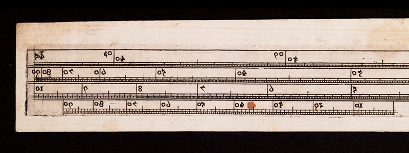 Detail of paper slide-rule scale, printed from an instrument scale made by Elias Allen, 1638, now in Cambridge University Libraries (specialcollections-blog.lib.cam.ac.uk)