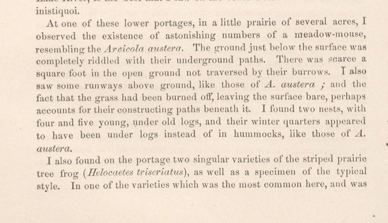 A segment from Robert Kennicott’s journal, describing field mice burrows, as printed in Transactions of the Chicago Academy of Sciences, vol. 1, page 160, 1867-69 (Linda Hall Library)