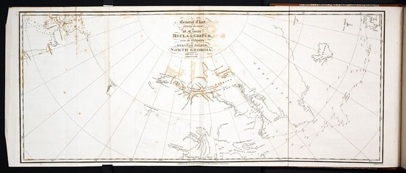 Map of the Arctic archipelago, virtually unexplored until Lt. Parry sailed through Lancaster Sound all the way to Melville Island (see detail, next image); before Parry, the center part of this map, like the rest, would have been completely blank; engraving in Journal of a Voyage for the Discovery of a North-West Passage, by William Edward Parry, 1821 (Linda Hall Library)
