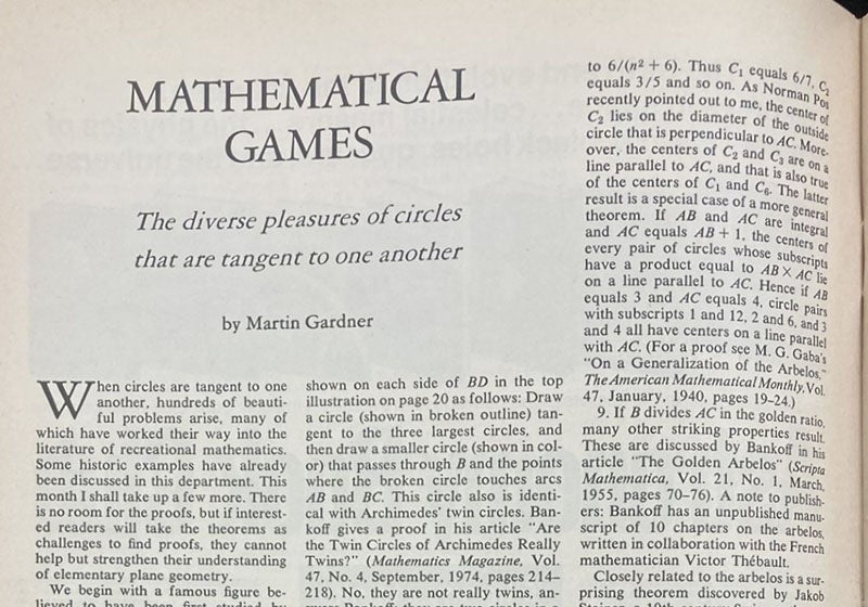 Beginning of the column “The divese pleasures of circles that are tangent to one another,” by Martin Gardner, Scientific American, January 1979, p. 18 (author’s collection)