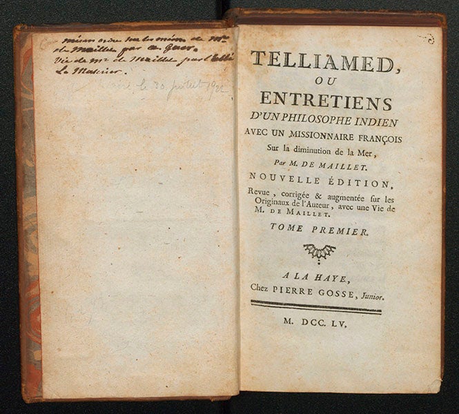 Title page of the 1755 edition of Telliamed, by Benoît de Maillet (Linda Hall Library)