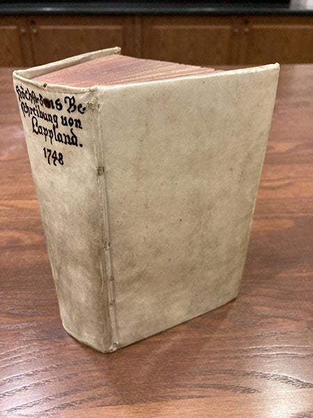 The sammelband containing Pehr Högström’s Lappland, 1748, and six other works, with the title of Högström’s book on the spine in ink (Linda Hall Library)