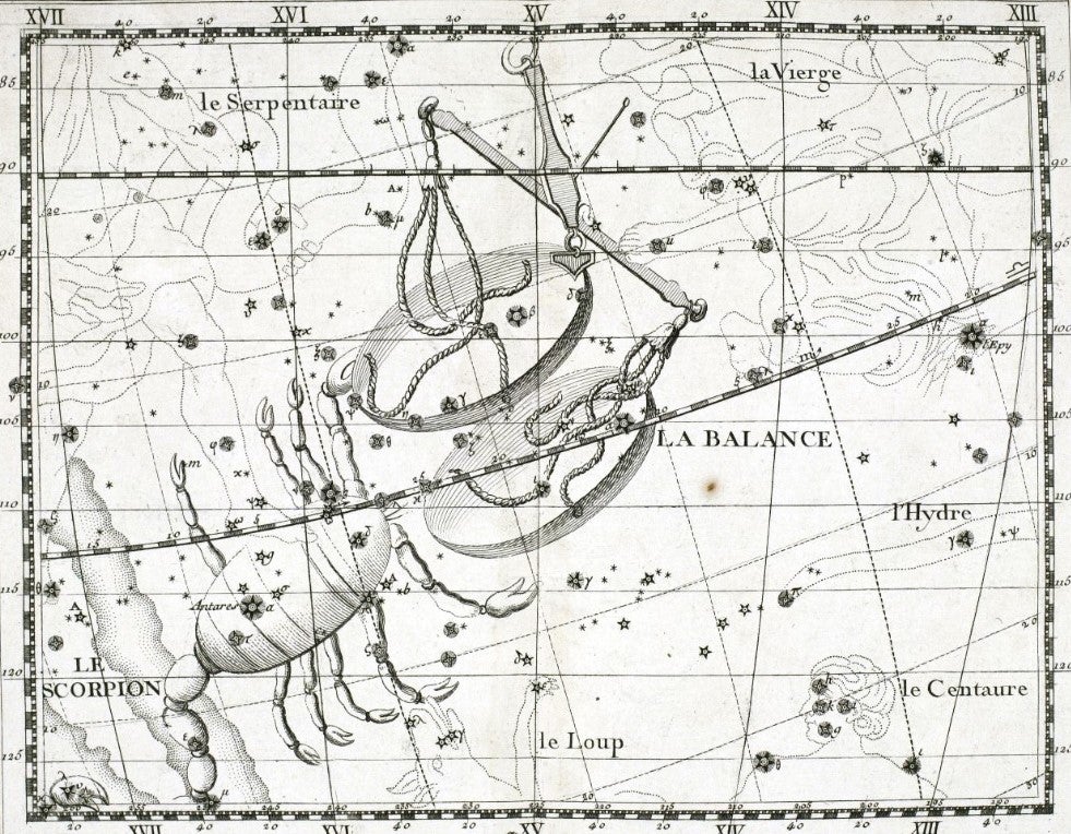 Libra and Scorpio. Image source: Flamsteed, John. Atlas celeste. Seconde edition. Ed. J. Fortin. Paris: Chez F. G. Deschamps, 1776, pl. 19.
