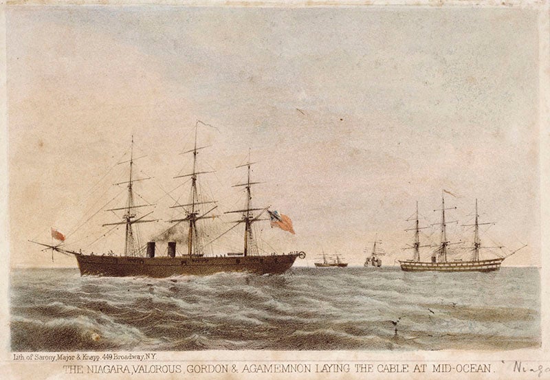 The USS Niagara (left) and HMS Agamemnon at mid-Atlantic in July 1858, cable spliced and headed for Newfoundland and Ireland, colored lithograph, 1861, National Maritime Museum, Greenwich (rmg.co.uk)