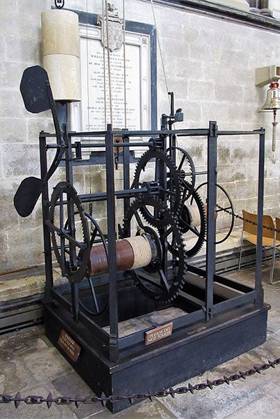 The Salisbury Cathedral Clock, originally installed in 1386, now in the north aisle of the cathedral, Wiltshire, England, recent photograph (Wikimedia commons)
