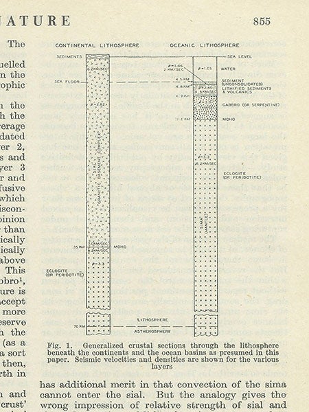 Diagram comparing the composition of oceanic and continental crust, attempting to explain what moves during sea floor spreading and what does not, paper of Robert S. Dietz, Nature, vol. 190, 1961 (Linda Hall Library)