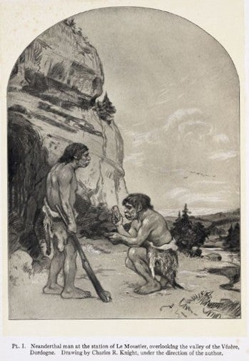 Neanderthal men at Le Moustier, drawing by Charles R. Knight. Image source: Osborn, Henry Fairfield. Men of the Old Stone Age, Their Environment, Life and Art. New York: Scribner’s, 1915, pl. 1.