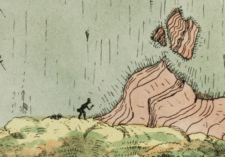 Junction of greenstone and sandstone. Image source: Cunningham, Robert James Hay. Essay on the Geology of the Lothians. Edinburgh: Printed by Neill & Company, 1838, pl. 4.