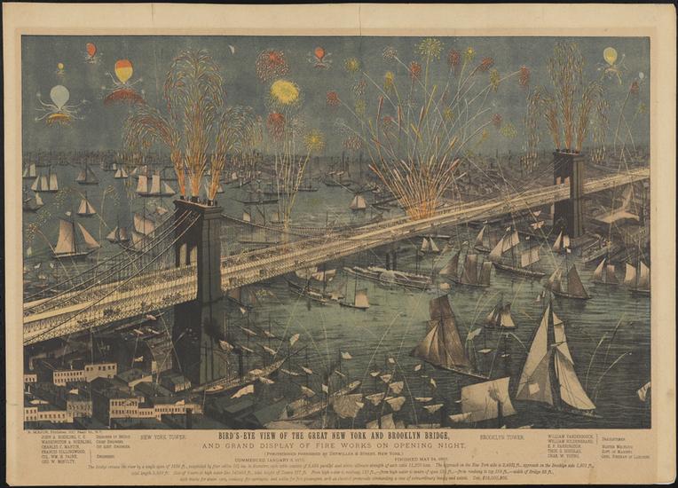 Opening of the Brooklyn Bridge, May 24, 1883, colored lithograph, Museum of the City of New York (collections.mcny.org)