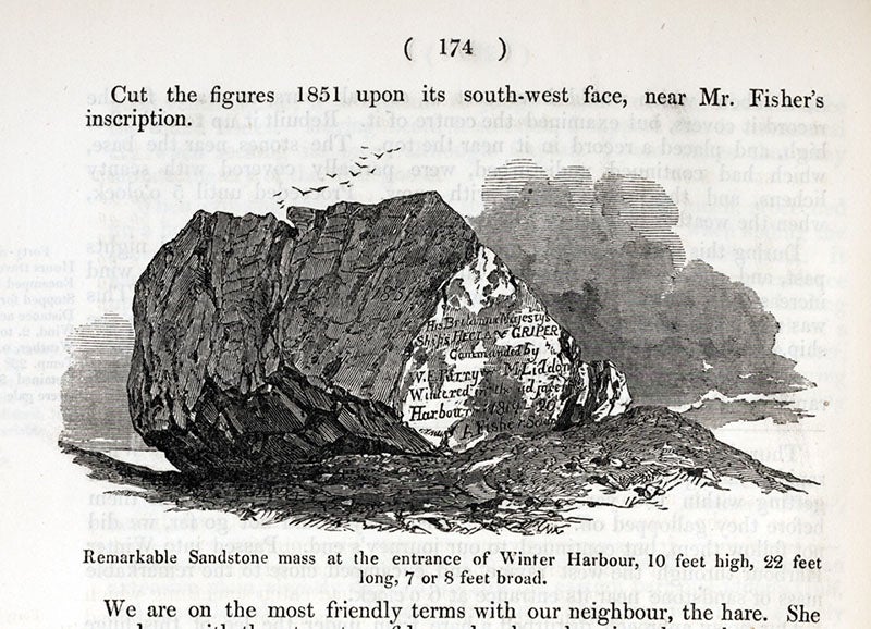 Parry Rock, encountered and drawn by Francis McClintock in 1851, wood engraving in an Admiralty publication (an Arctic Blue Book), Additional Papers Relative to the Arctic Expedition, 1852 (Linda Hall Library)