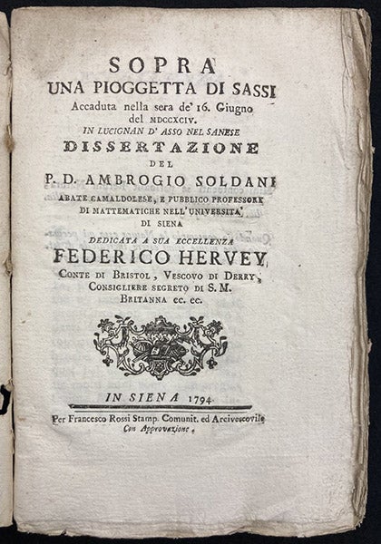 Title page, Sopra una pioggetta di sassi accaduta nella sera de' 16 Giugno del MDCCXCIV in Lucignan d'Asso nel Sanese, by Ambrogio Soldani, 1794 (Linda Hall Library)