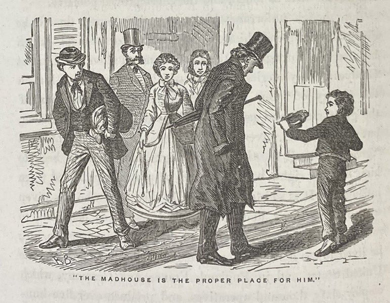 “The Madhouse is the Proper Place for Him,” an impoverished Charles Goodyear in his rubber coat wandering the streets of New York, wood-engraved tailpiece in Great Fortunes and How They were Made; or, The Struggles and Triumphs of our Self-Made Men, by James D. McCabe, p. 300, 1871 (Linda Hall Library)