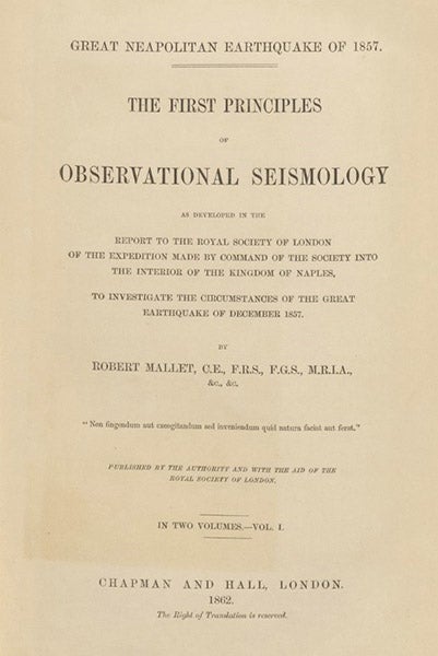 Title page, Robert Mallet, Great Neapolitan Earthquake of 1857, vol. 1, 1862 (Linda Hall Library)