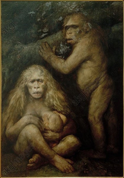Pithecanthropus alalus, oil painting by Gabriel von Max, 1894, given as a birthday present to Ernst Haeckel, now in the Ernst-Haeckel-Haus, Friedrich Schiller University, Jena, Germany (akg-images.co.uk