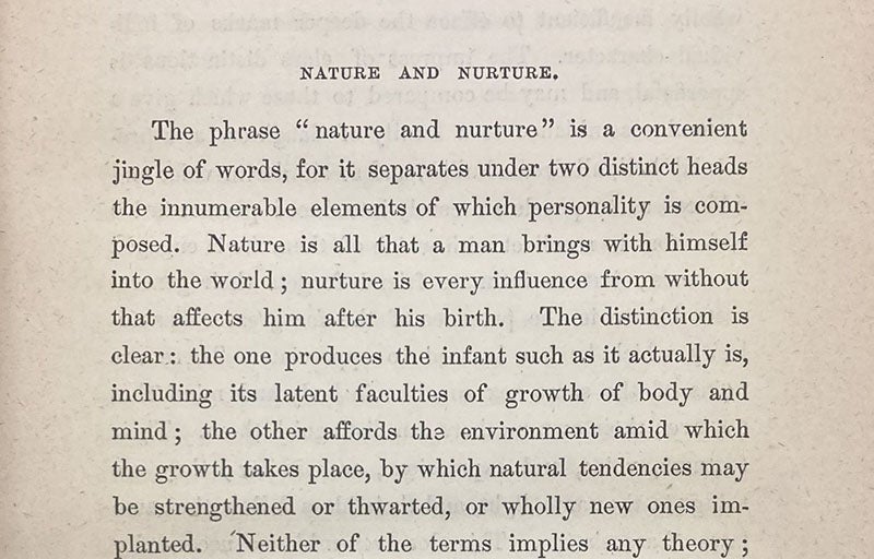 Discussion of “nature vs nurture,” in English Men of Science, by Francis Galton, p. 9, 1875 (Linda Hall Library)