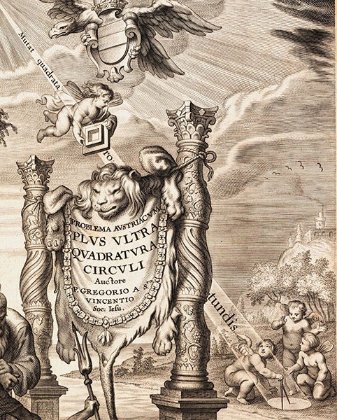A square aperture forming a round image, engraved title page of Problema austriacum plus ultra: Quadratura circuli, by Grégoire de Saint-Vincent, 1647, detail of first image (Linda Hall Library)