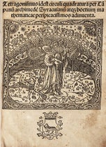 Woodcut title page vignette, depicting Archimedes, Tetragonismus id est circuli quadrature, ed. by Luca Gaurico, 1503 (Linda Hall Library)