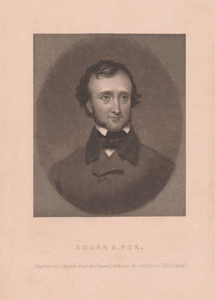 Portrait of Edgar Allan Poe, mezzotint by John Sartain after an 1845 oil painting by Samuel Osgood, 1849, National Portrait Gallery, Smithsonian Institution (npg.si.edu)