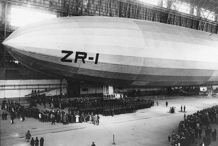 USS Shenandoah (ZR-1) in Hangar 1 on day of christening, Oct. 10, 1923, which gives a good sense of scale (Wikimedia commons)