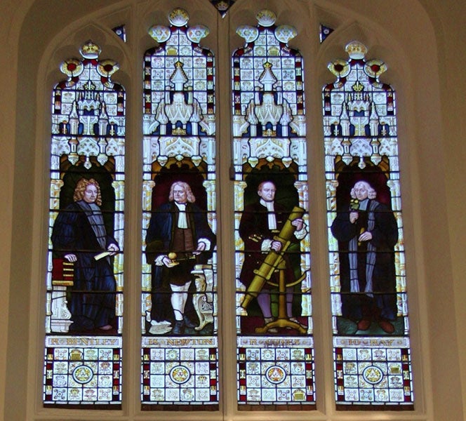 Stained glass windows at west end of north aisle, depicting (top, left to right), Richard Bentley, Isaac Newton, Roger Cotes (holding telescope), and John Ray, Trinity College Chapel, Cambridge, ca 1875 (trinitycollegechapel.com)