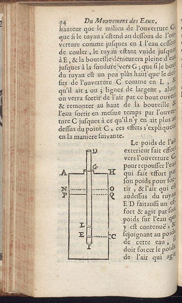 Diagram of a constant-flow bottle, now know as Mariotte’s bottle, in Traité de movement des eaux, by Edmé Mariotte, 1686 (Linda Hall Library)