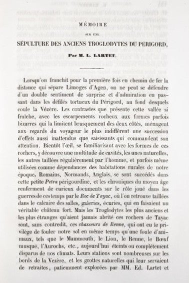 Lartet’s report on the discovery of Cro-Magnon. Image source: Lartet, Louis. “Memoire sur une sepultre des anciens troglodytes de Perigord." Annales des sciences naturelles, 5th ser., Zoologie et Paleontologie, vol. 10, 1868, p. 133.