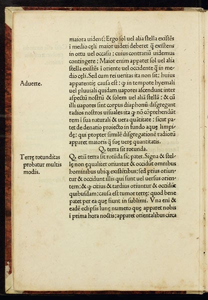 Discussion of evidence that the Earth is round, Johannes de Sacrobosco, Spera mundi, printed by Franz Renner, 1478 (Linda Hall Library