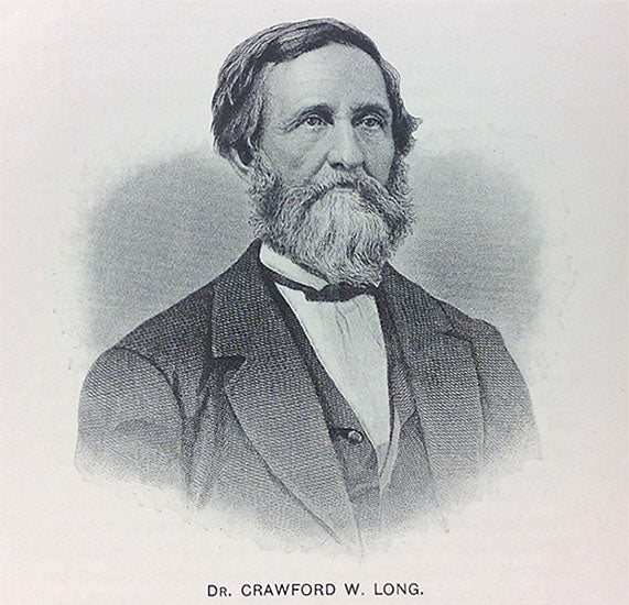 Portrait of Crawford Long, from Hugh H. Young,<i> Long, The Discoverer of Anesthesia</i>, 1897 (Clendening History of Medicine Library)