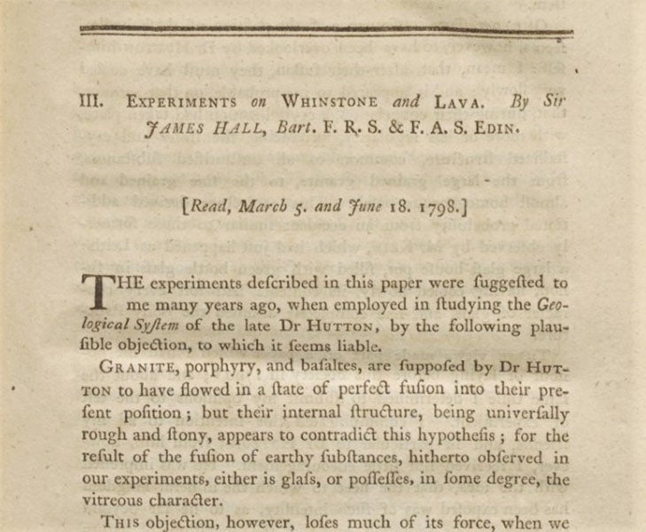 First page of James Hall’s paper, “Experiments on whinstone and lava,” Transactions of the Royal Society of Edinburgh, vol. 5, 1805 (Linda Hall Library)