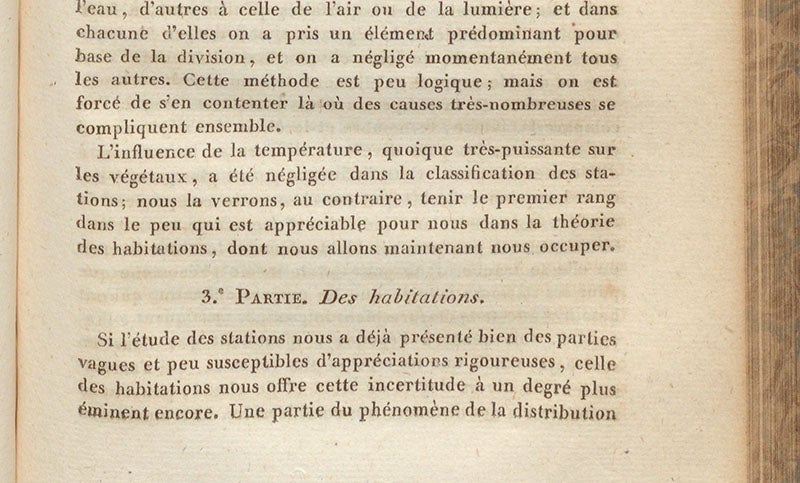 Beginning of section on “Habitations” in article by Augustin de Candolle, Dictionnaire des sciences naturelles, ed. by Frédéric Cuvier, vol. 18, p. 391, 1820 (Linda Hall Library)