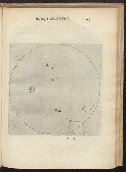 Engraving of the solar disc with sunspots, by Mattheus Greuter, after drawing by Galileo Galilei, in his Istoria e dimostrazioni intorno alle macchie solari, p. 91, 1613 (Linda Hall Library)