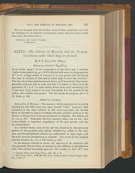First page of Chandra Ray’s paper on nitrites of mercury, in which he announced his discovery of mercurous nitrite, Journal of the Chemical Society of London, 1897 (Linda Hall Library)