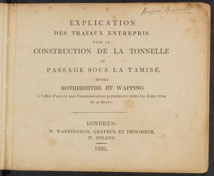 Title page of the French translation of the tunnel guide, Explication des travaux entrepis pour la construction de la tunnelle ou passage sous la Tamise, by the Thames Tunnel Company, 1836 (Linda Hall Library)