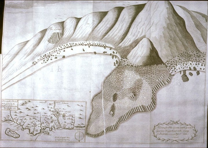 Giant’s Causeway map by Christopher Cole. Image source: Foley, Samuel. "An Account of the Giants Causway in the North of Ireland." Philosophical Transactions of the Royal Society of London, vol. 18, no. 212, 1694, p. 170.
